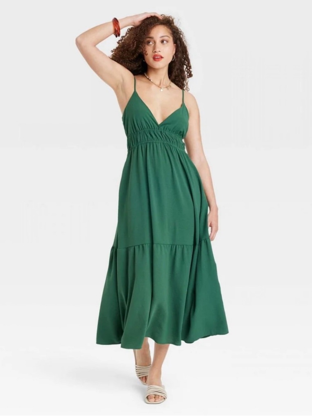Green V-Neck Tiered Midi Dress